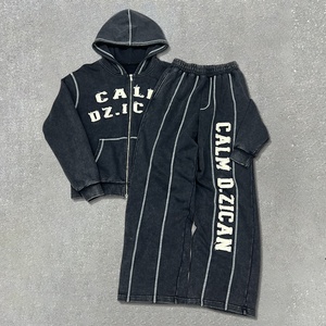 Haute qualité unisexe jambe droite pantalons de survêtement et broderie Double fermeture éclair à capuche ensemble personnalisé en détresse lavage à l'acide hommes survêtement - Product Image 1