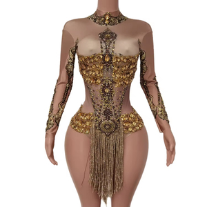Monos de Manga Larga con Flecos Dorados Sexys para Carnaval, Fiesta, Pole Dance, Body de Una Pieza con Pedrería para Mujer - Product Image 1
