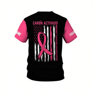 เสื้อรณรงค์รณรงค์มะเร็งเต้านมพร้อมริบบิ้นสีชมพูและธงชาติอเมริกัน เสื้อยืดพิมพ์ชื่อตามสั่งสำหรับผู้ต่อสู้และผู้หญิงที่แข็งแกร่ง เป็นของขวัญ - Product Image 2