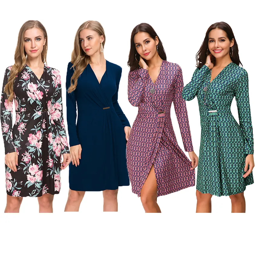 Penjualan terlaris pakaian Fashion wanita elegan kasual Belted imitasi bungkus gaun Midi penjualan laris baru penjualan laris desain model baru musim semi musim panas
