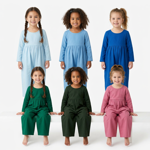 Combinaison en coton pour petites filles, simple, col rond, manches longues, taille élastique, jambes larges, tenue de jeu - Product Image 1