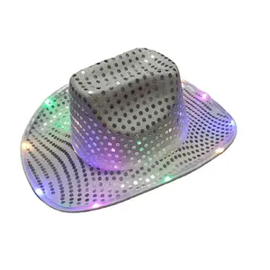 Vente en gros de paillettes de jazz brillantes à la mode Chapeau de cowboy rose lumineux avec lumière LED