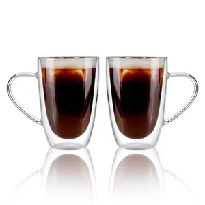CnGlass 투명 유리 차 컵 더블 레이어 마시는 유리 컵 내열성 붕규산 유리 커피 잔 손잡이