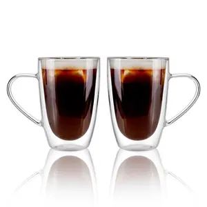 CnGlass Tea Cup Microwave Safe Handmade Double Wall Borosilicate Glass Cappuccino Coffee Mug With Handle for Business Gift