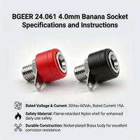 Connecteur banane standard 4,0 mm en laiton nickelé PA 30Vac-60Vdc Max 19A pour montage sur panneau, 5 couleurs, équipement de test PCB