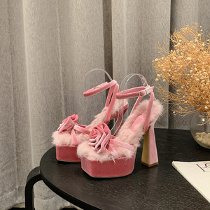 Women's Fashion Plush High Heel <b>Sandals</b> 2025 Open Toe Rose Square Model with Waterproof <b>Platform</b> Thick Heels for Winter Summer - Product Image 2