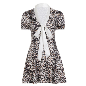 เดรสสั้นทรงเอไลน์แขนพองแต่งโบว์สไตล์วายทูเค ลายเสือดาว พิมพ์ลายดิจิทัล เอวธรรมชาติ เหมาะสำหรับใส่ลำลองหรือไปงานปาร์ตี้ - Product Image 6