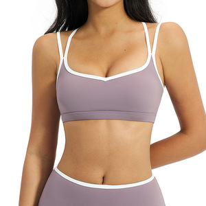 Wholesale Women's Contrast Trim Crisscross <b>Strap</b> Sports <b>Bra</b> V-Neck Yoga <b>Bra</b> with Removable Pads Slim Fit Breathable Activewear - Product Image 1