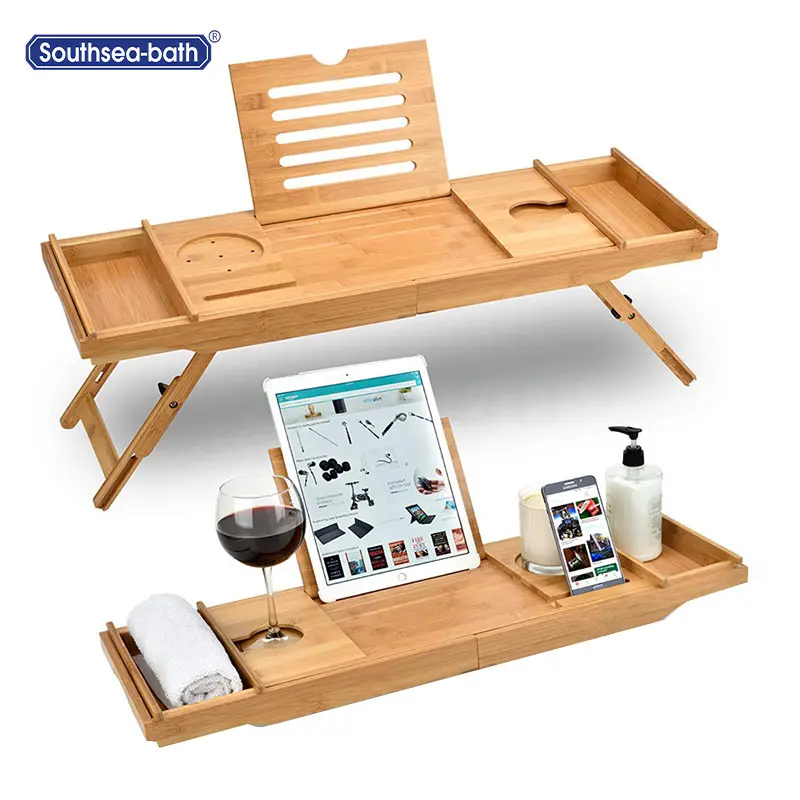 Organizador de madera de bambú expandible para bañera, soporte de madera, bandeja, estante, puente relajante con libro de vino y vidrio, ipad