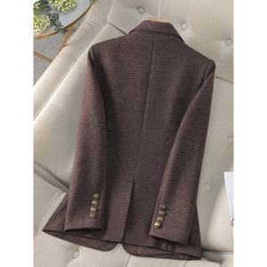 Women's Wool Blazer Brown Single Button Slim Fit Autumn Winter Solid Color Pocket Design - Product Image 4