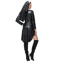 Costume de cosplay d'Halloween pour femmes adultes, ensemble sexy en polyester noir, robe de nonne, tenue de scène, en stock, vente en gros