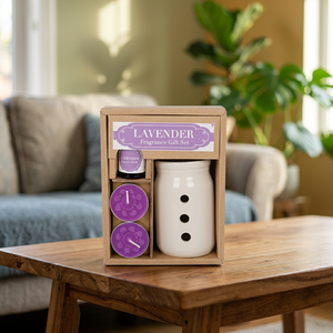 Coffret Cadeau Lavande : Bougie en Cire de Soja, Bougie Chauffe-Plat, Boîte en Bois, Ensemble d'Aromathérapie pour la Maison - Product Image 3