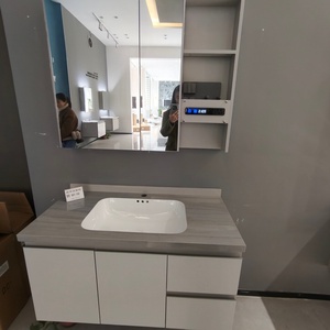 Meuble de salle de bain intelligent gris chaud avec rangement, double tiroir et double porte, lavabo blanc - Product Image 3