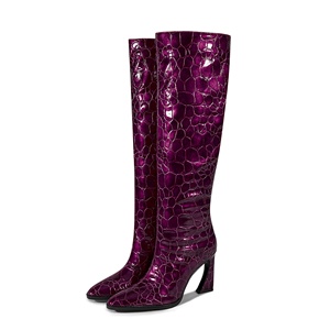 Bottes femme <span class=keywords><strong>à</strong></span> hauteur du genou en PU verni haute brillance, motif pierre irrégulier, bout pointu, collection hiver, talons bloc sculptés en métal - Product Image 2