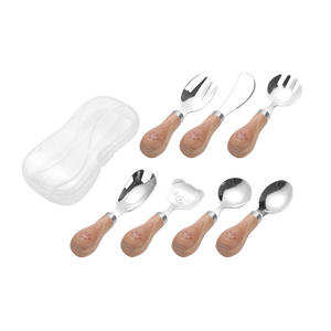 Ensemble de couverts en acier inoxydable pour enfants, manche en bois, forme d'ours, design de dessin animé, ustensiles de repas pour enfants - Product Image 1