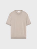 T-shirt en maille fine pour homme printemps-été, beige, coton, manches courtes, col rond, bord roulé, pull, vente en gros, OEM