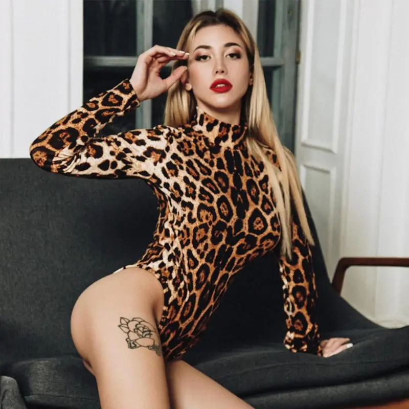 Party Skinny Thong Leopard Print Fashion Stand High Neck One Piece Ladies Long Sleeve Bodysuits For Women Spandex Sexy Body Suit