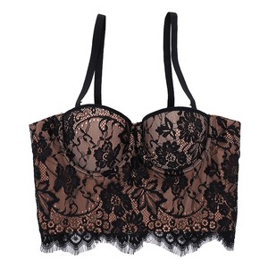 Nuovi Top <span class=keywords><strong>Corsetto</strong></span> in Pizzo Nero Traspirante Sostenibile Sexy Crop Bustier con Colletto Halter in Tessuto Lavorato a <span class=keywords><strong>Maglia</strong></span> - Product Image 1