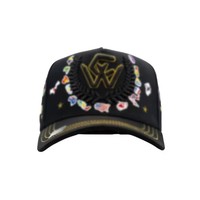 Gorra de béisbol deportiva personalizada de 5 paneles de algodón y gamuza con bordado de imagen en tela común, unisex para adulto, con hebilla frontal de cobre dorado y logo en la parte delantera.