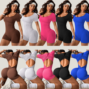 Đồ tập thể thao nữ chất liệu gân, tay ngắn, lưng hở, gợi cảm, kiểu jumpsuit liền thân, nâng ngực, co giãn cao, quần short tập chạy - Product Image 1