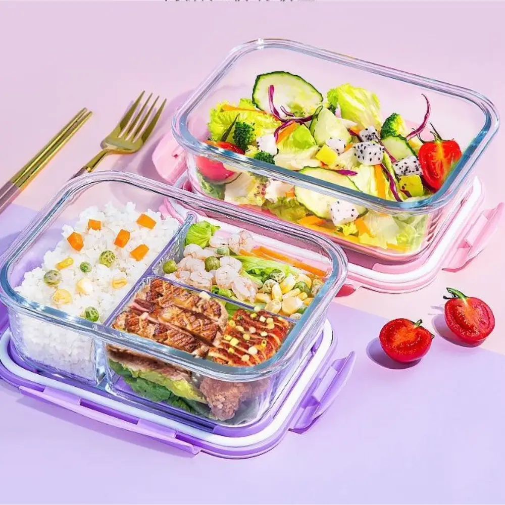 High Borosilicate Bento Bowl Kitchen Microwave Heat Storage Containers Reusable Glass Lunch Boxes For Children