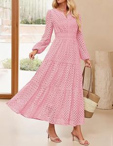 Robe de mode pour femmes européennes et américaines, en dentelle, longueur ras du sol, col en V, ajourée, plissée, manches courtes, unie, brodée, coupe <span class=keywords><strong>Empire</strong></span> - Product Image 5