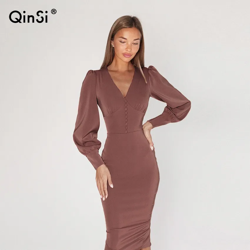 QINSI Women Solid Brown Dress Lantern Sleeve Zipper Up Front Button Mini Dress Spring Office Lady V Neck Solid sweater dress