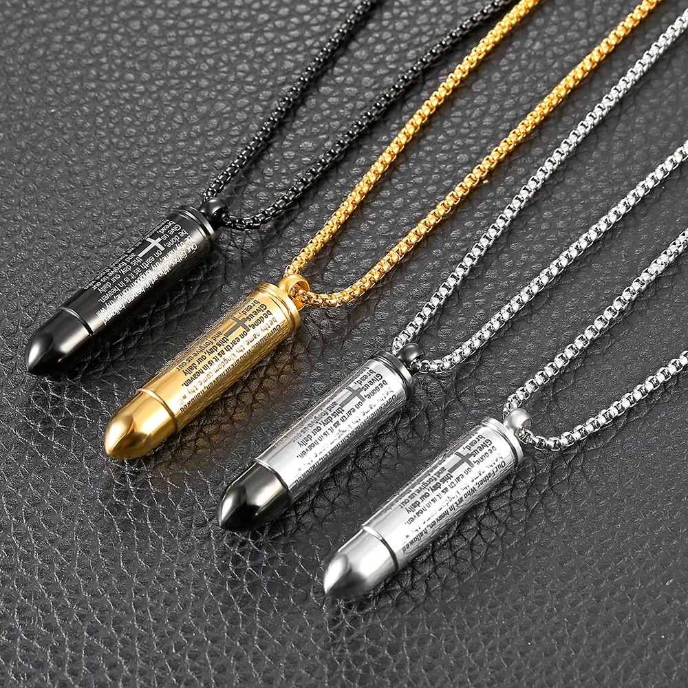 Hip Hop Stainless Steel Jewelry Personalized 18K Gold Gun Black Cross English Words Bullet Pendant Box Chain Necklaces Women Men
