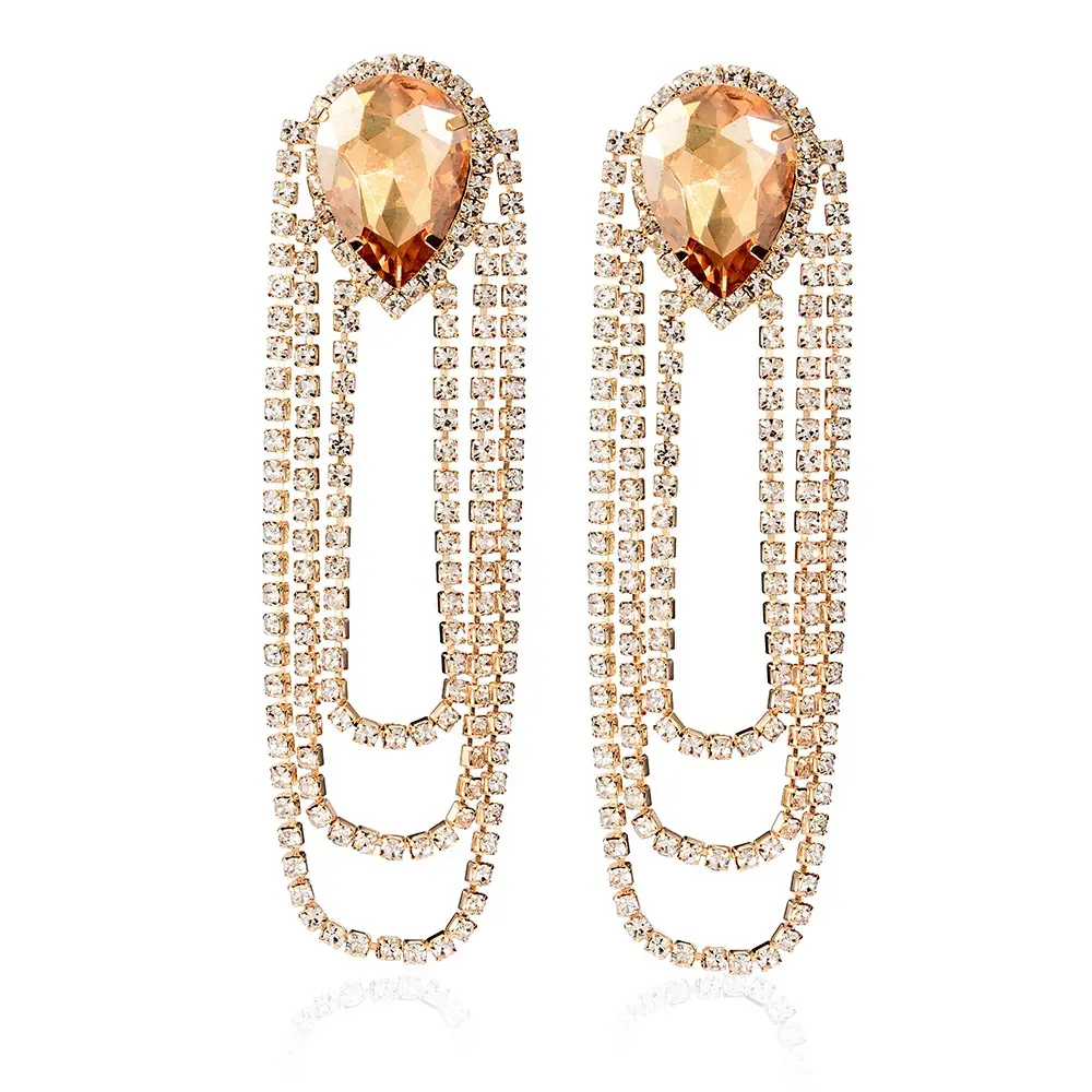 Hot-selling luxury Gold Color Rhinestone Earrings Statement Long Tassel Earings For Women Earring Charms