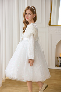 Elegante abito da principessa con scollo a o di alta qualità per <span class=keywords><strong>ragazze</strong></span> a maniche lunghe con maniche a bolle rotto con fiocco di diamanti in cotone dolce Performance ODM - Product Image 6