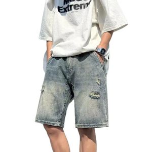 Pantalones cortos de mezclilla cargo para hombre, de corte bootcut, a la moda, de cintura media, holgados, de algodón, rasgados, estilo retro urbano, para verano. - Product Image 1