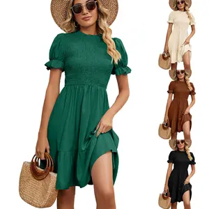 Short-sleeved Slim Women&#39;s Dress New Wholesale 2024 Summer Round Neck Pleated Solid Color Natural Woven Simple