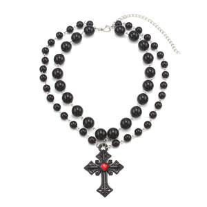 Collar de Perlas Falsas Cruzadas, Collar de Varias Capas con Colgante de Piedra Roja y Negra, Joyería de Moda para Fiesta, Diseño Geométrico, Estilo Hip Hop Punk - Product Image 5