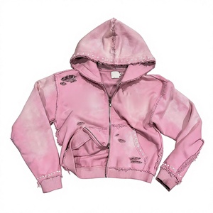Sweat à capuche court oversize en molleton bouclette délavé pour homme, style streetwear, motif gaufré, fermeture éclair, épais pour l'hiver - Product Image 4