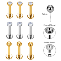 Kaishee ASTM F136 Titanio de Grado Implante 16G CZ Labret Helix Tragus Pendientes de Labio Joyería para Piercing Corporal
