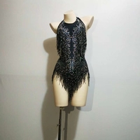 Sexy Noir Halter Dos Nu Strass Gland Combinaisons Pôle De Danse Justaucorps Femmes Club Costume de Scène Performance Wear Plus Size