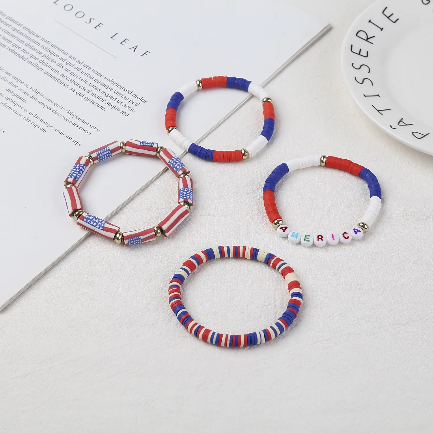 Bracciale in argilla polimerica per il giorno dell'indipendenza degli stati uniti rosso bianco blu bandiera nazionale accessori a mano gioielli per festival di lettere USA