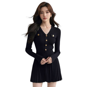 เดรสสั้นเข้ารูปคอวีแขนยาวสไตล์เฮปเบิร์นฝรั่งเศสสีดำ - Product Image 5