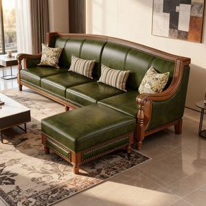 Genuine Leather Sofa Green Italian Style Solid Wood Frame Living Room Furniture - Product Image 1