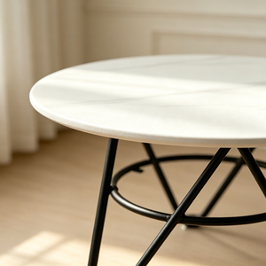 Table basse ronde moderne, plateau blanc lisse, base en fil métallique noir, table de salon, table de centre pour canapé, meubles pour la maison et l'hôtel - Product Image 1