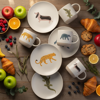 Cadeau populaire Tasse et assiette en grès à motifs d'animaux mignons peints à la main Ensemble de table moderne et unique