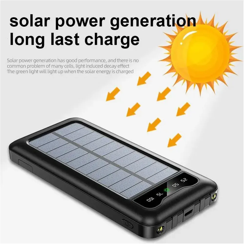 Carregador solar portátil fino à prova d'água, banco de energia solar, carregador com suporte para bancos de energia solar, 10000mAh, luz flash