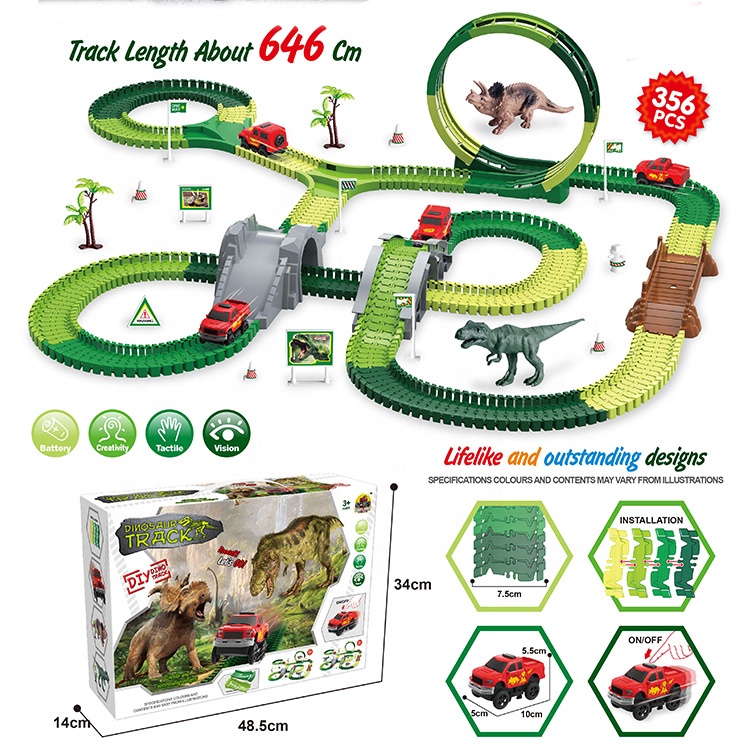 Гоночный трек, динозавр, создайте дорожку, игрушечные автомобили, динозавры, мир Юрского периода, 356 шт., гибкий трек, поезд, игровой набор