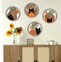 Décoration murale chat noir en promotion, art mural géométrique en bois style ferme, panneau en bois abstrait lune et soleil bohème du milieu du siècle