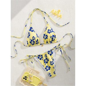 FOXA Conjunto de bikini floral para mujer, amarillo, azul, estampado hawaiano, top triangular, parte inferior tipo tanga, traje de baño, ropa de playa, conjunto de 2 piezas - Product Image 4