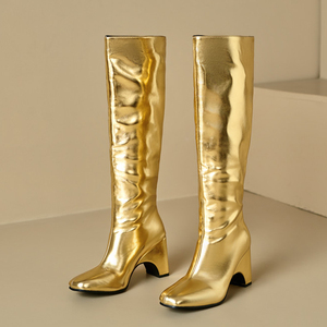 Big Size 48 Women's Solid Wide Fit Knee High <b>Boots</b> Ladies High Chunky Wedge Heels Shoes Square Toe on Long Booties - Product Image 5