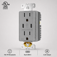 Prise de courant USB double type C grise 15A Classe 2 4.2A, prise de charge résistante aux manipulations 125V 60Hz homologuée CULus