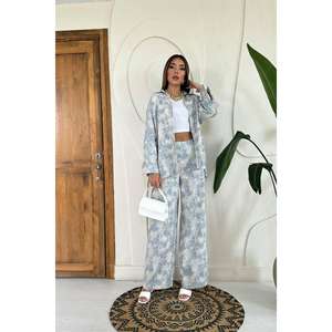 Wholesale <b>Linen</b> 2-Piece Casual Set Blue Leopard Print Jacket and Short Hooded <b>Tops</b> for Women for Autumn Sports Wear - Product Image 6