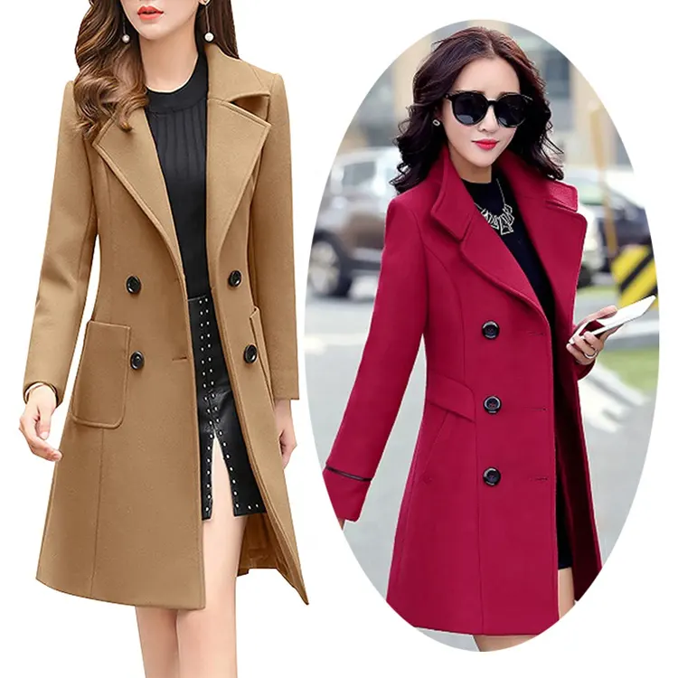 Womens Long Trench Coats Slim Fit Wool Peacoat Notched Collar Double Breasted Jacket Camel Overcoat Black Pea Coat