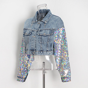 2021 Custom Spring Autumn Fashion Elegant Patchwork <strong>Sequin</strong> Single Button Long Sleeves Short Cotton Denim Women <strong>Jacket</strong> - Product Image 2